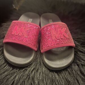 MK michael kors pink/black glitter pool slides sandals 1y - toddler/youth/kids